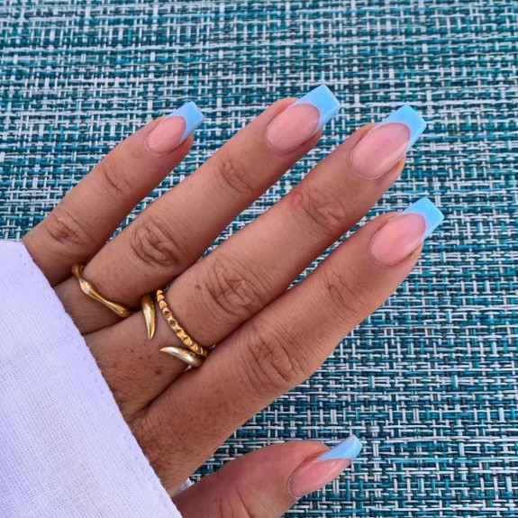 37 Sky Blue French Tip Nails — Blue French Tapered Square Nails