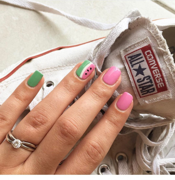 40 Watermelon Nails Designs — Soft Green and Pink Watermelon Nails