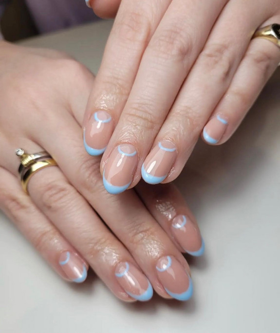 37 Sky Blue French Tip Nails — Blue French + Half Moon Nails