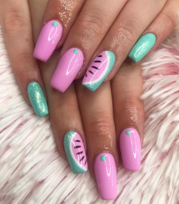 40 Watermelon Nails Designs — Subtle Shimmery Green and Pink Watermelon Nails