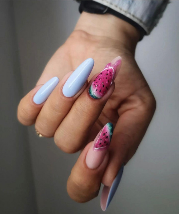 39 Best Watermelon Nails for 2022 — Soft Blue + Watermelon Nails