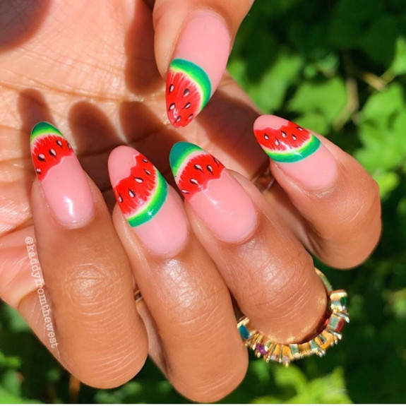 40 Watermelon Nails Designs — Watermelon Tip Almond Nails