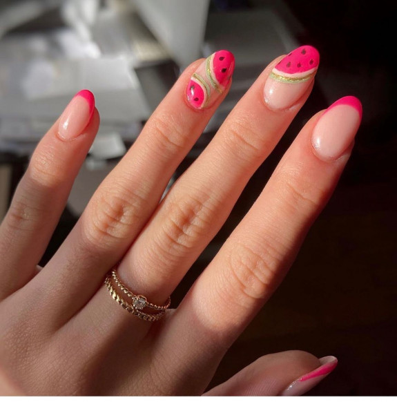 40 Watermelon Nails Designs — Glitter Gold + Watermelon Nails