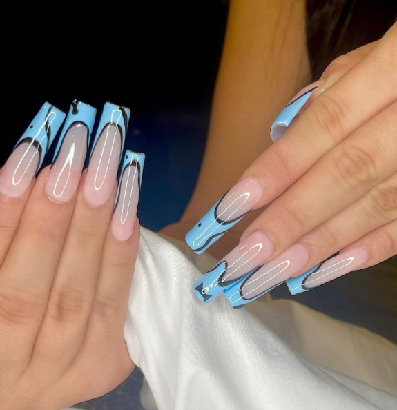 37 Sky Blue French Tip Nails — Blue French Nails with Black Lines