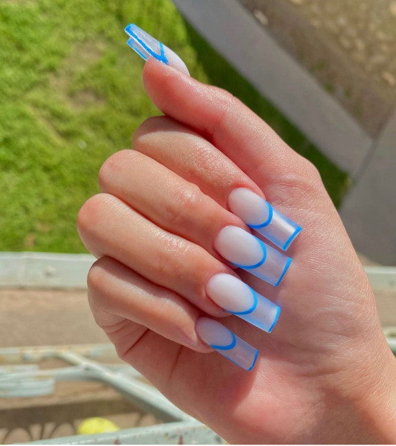 37 Sky Blue French Tip Nails — Double Outline French Nails