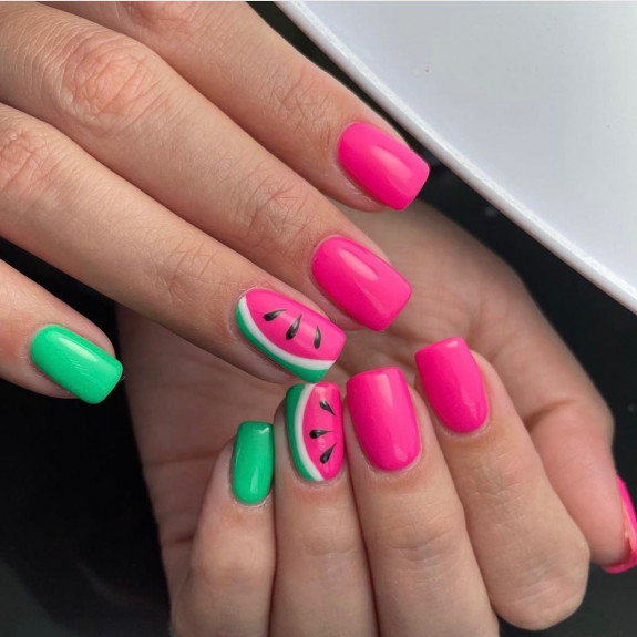 39 Best Watermelon Nails for 2022 — Green and Bright Pink Square Nails