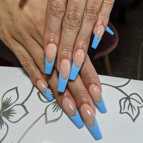 37 Sky Blue French Tip Nails —Acrylic Coffin French Nails