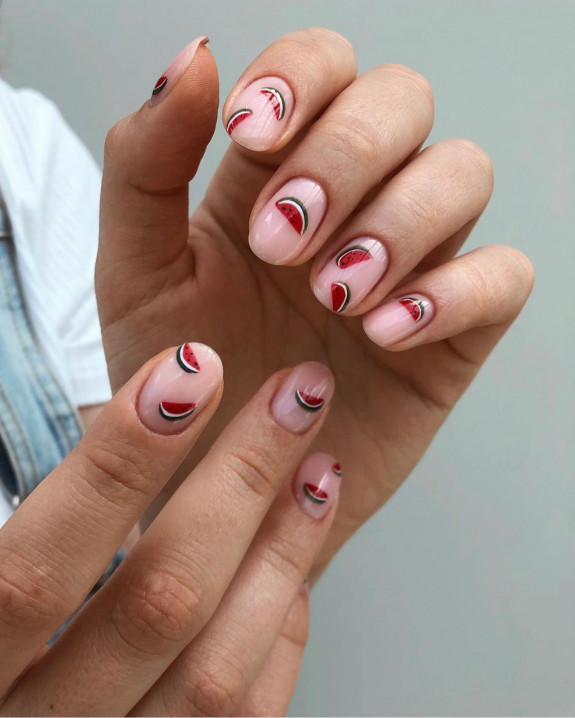 40 Watermelon Nails Designs — Watermelon Natural Round Nails