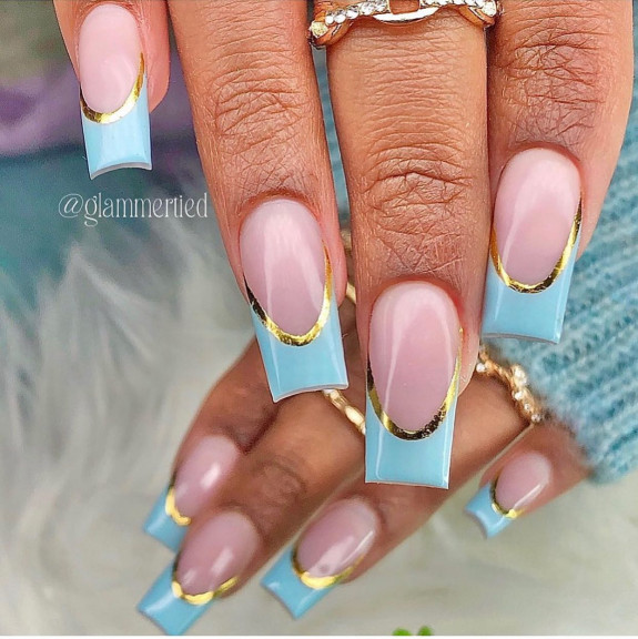 37 Sky Blue French Tip Nails — Blue French Tip Nails with Gold Details