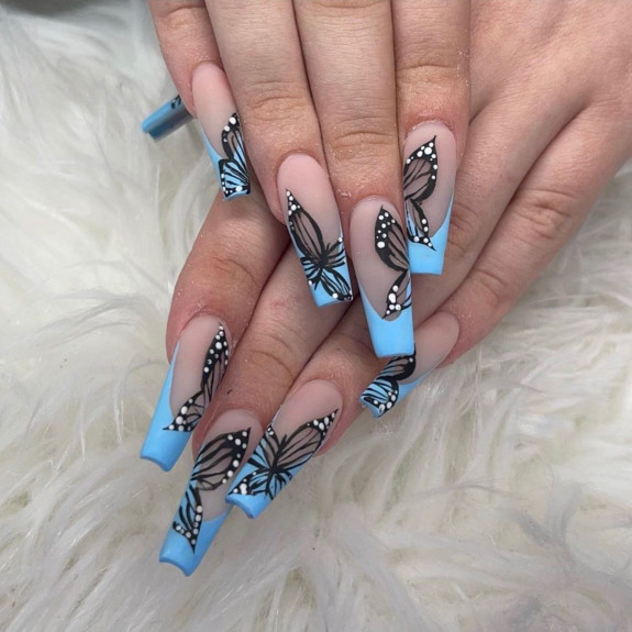 37 Sky Blue French Tip Nails — Acrylic Nails with Black Butterfly