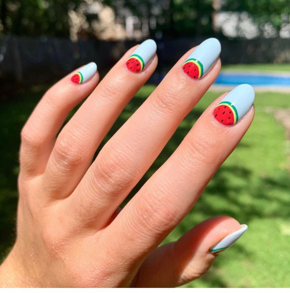 40 Watermelon Nails Designs — Half Moon Watermelon Blue Nails