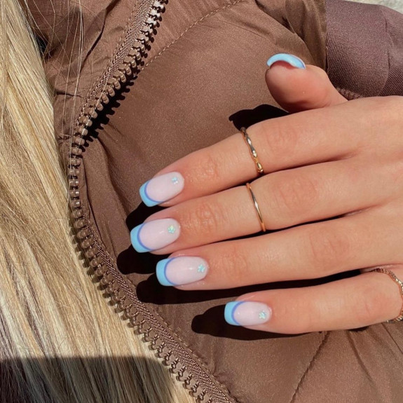 37 Sky Blue French Tip Nails — Blue French Tip Nails + Blue Dots