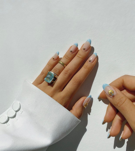 37 Sky Blue French Tip Nails  — Blue French Tip Nails with Gold Seashells