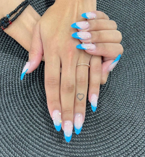 37 Sky Blue French Tip Nails — Blue French Almond Nails + Rhinestones