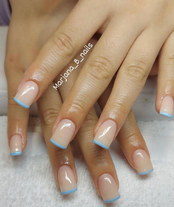 37 Sky Blue French Tip Nails — Thin Blue French Tip Nails