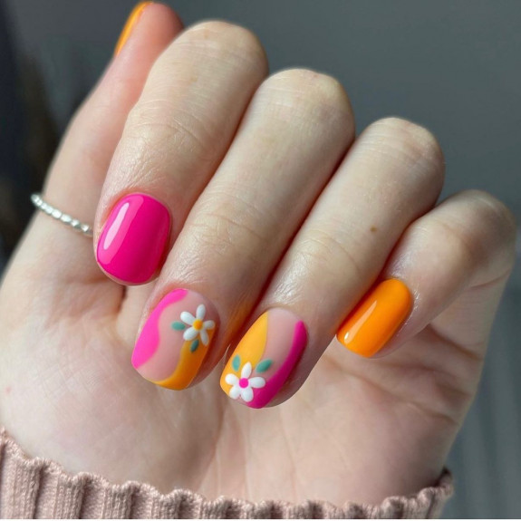 31 Best Summer Squoval Nails — Pink and Orange + Flower Nails