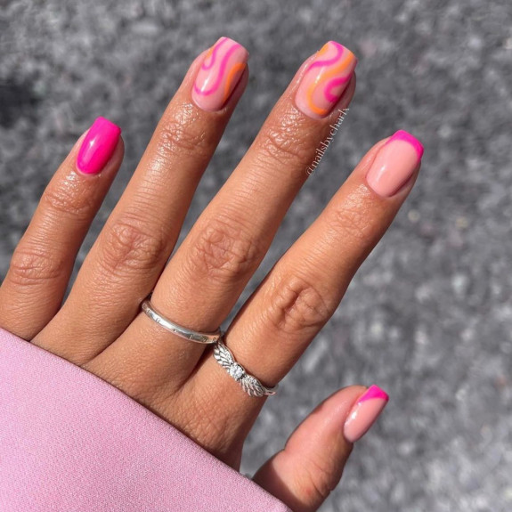 31 Best Summer Squoval Nails — Pink and Orange Swirl Nails