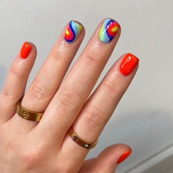 31 Best Summer Squoval Nails — Swirly Rainbow Nails