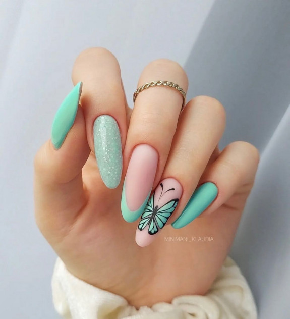 45 Pretty Summer Nails That Suit Everyone — Mint Green Almond Nails with Butterfly