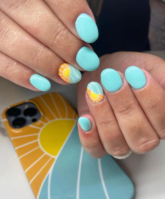 45 Pretty Summer Nails That Suit Everyone — Blue Nails with Sun & Swirls