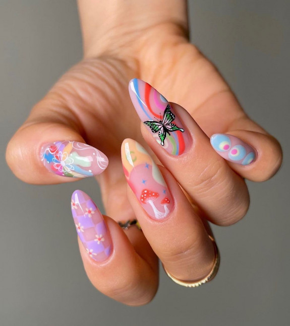 45 Pretty Summer Nails That Suit Everyone — Checker, Mushroom, Butterfly Almond Nails