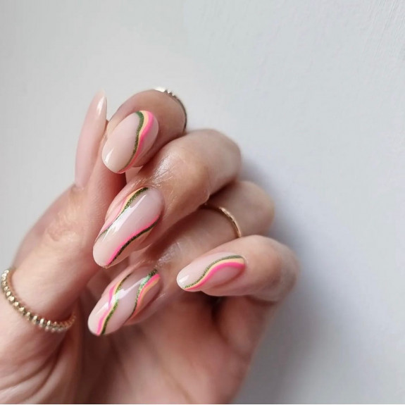 45 Pretty Summer Nails That Suit Everyone — Swirly Gold and Pink Almond Nails