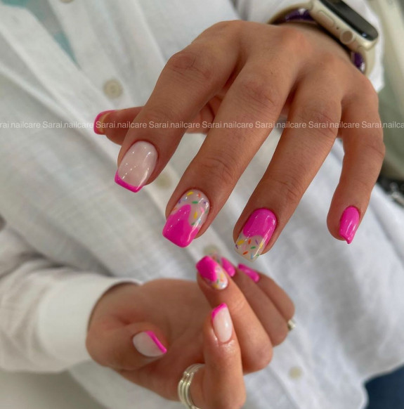 45 Pretty Summer Nails That Suit Everyone — Pink Drips + Sprinkles