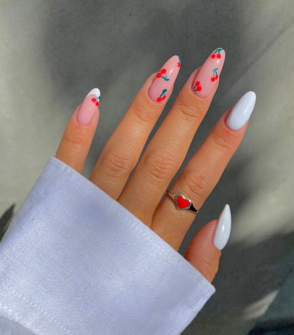 45 Pretty Summer Nails That Suit Everyone — White and Oink Nails with Cherries