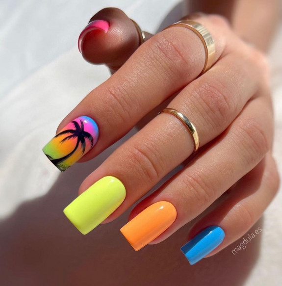 45 Pretty Summer Nails That Suit Everyone — Bright Tropical Vibe Square Nails