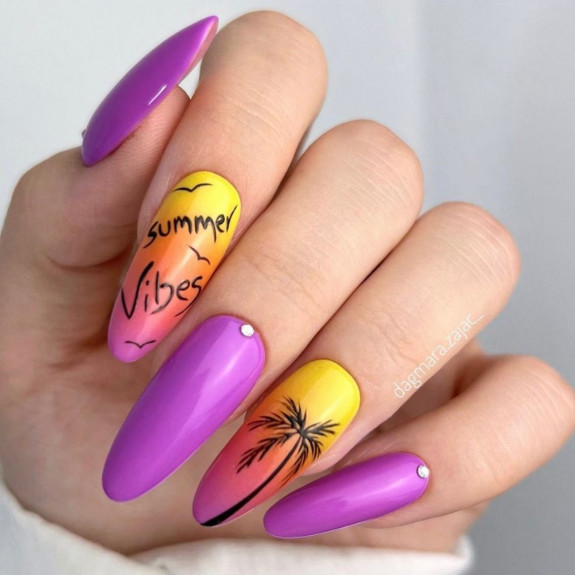 45 Pretty Summer Nails That Suit Everyone — Ombre Purple, Orange and Yellow Nails