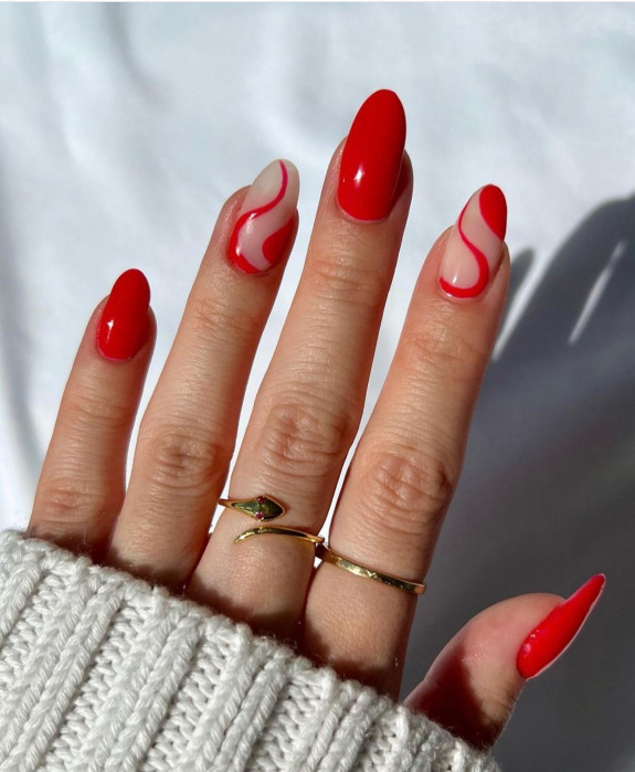 30 Summer Red Nails — Red Swirl Nails