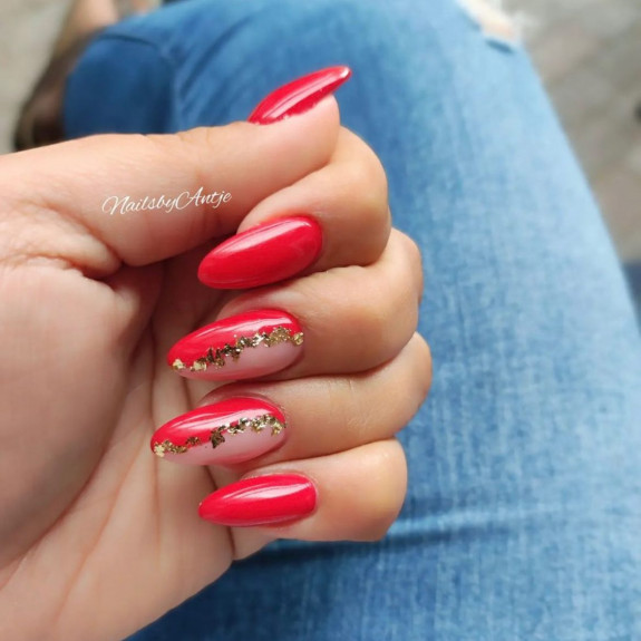 30 Summer Red Nails — Half Nude Half Red Nails with Gold Flakes