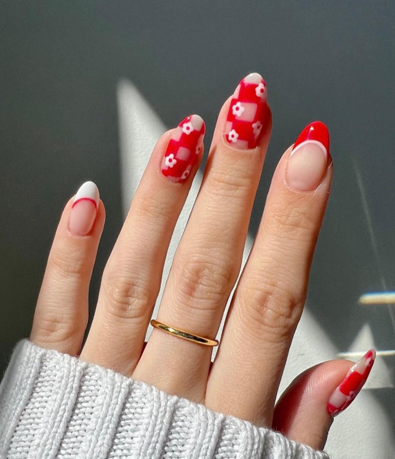 30 Summer Red Nails — Red Checker Board + French Tip Nails