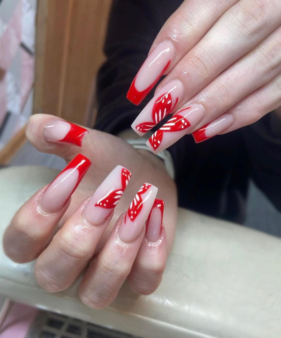 30 Summer Red Nails — Red Butterfly Nude Acrylic Nails