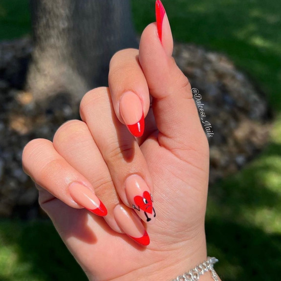 30 Summer Red Nails — Red French Tip Almond Nails