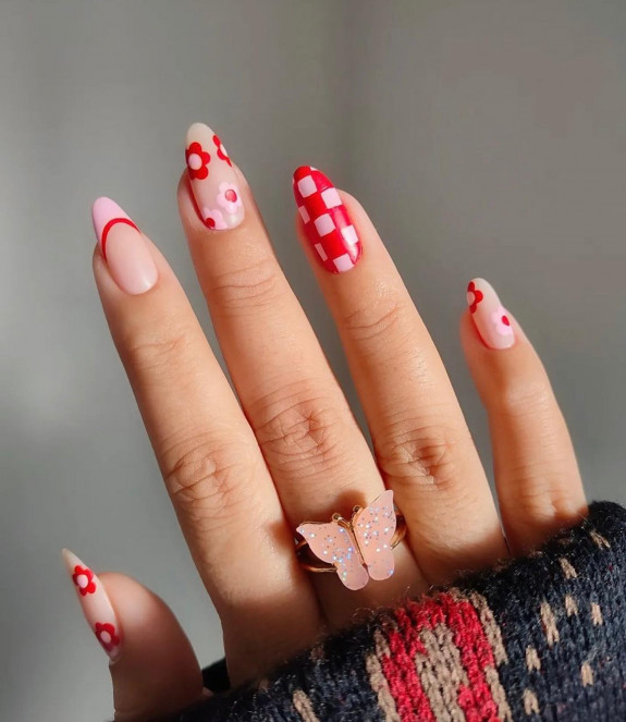 30 Summer Red Nails — Pink and Red Checker Board Nails