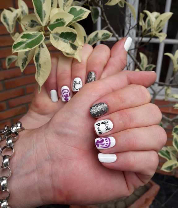 27 Feminist Nail Designs — Silver and White Feminist Nails