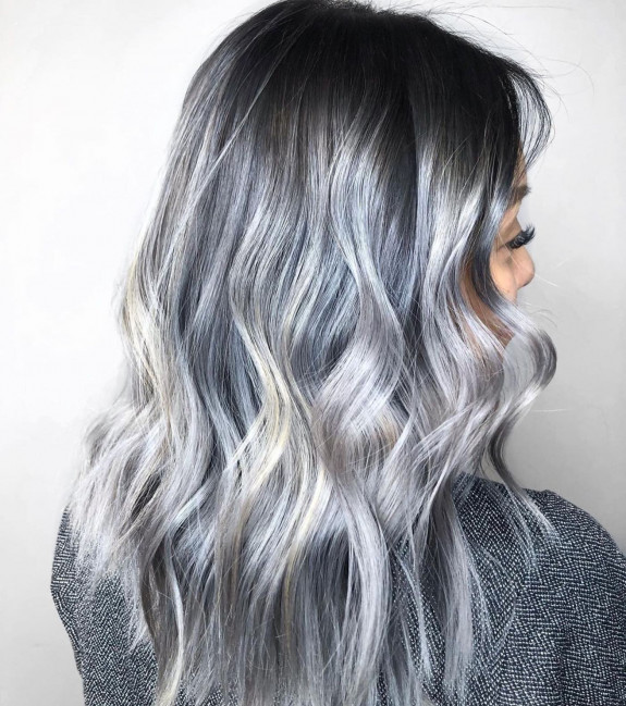 28 Granny Grey Hair Color Ideas — Glossy Silver Hair Color + Dark Roots