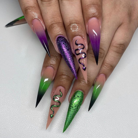40 Halloween Nails in 2022 — Green and Purple Stiletto Nails