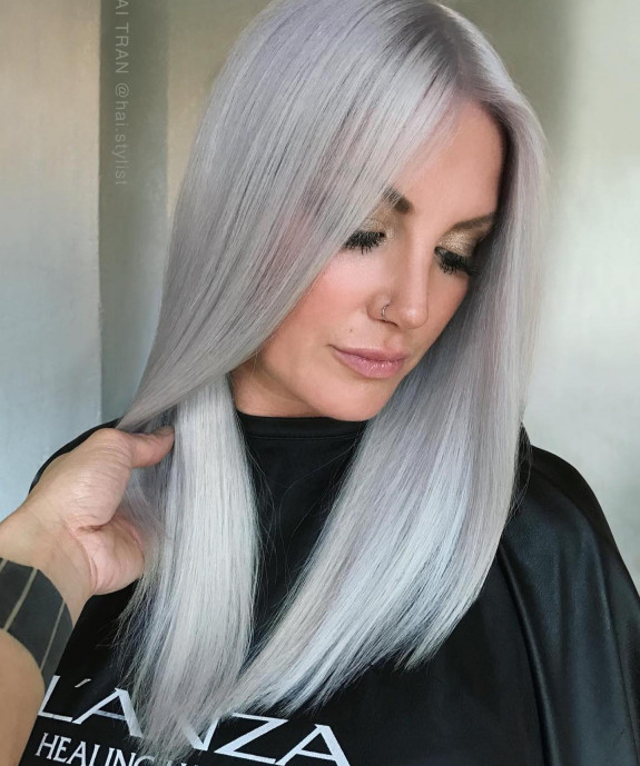 28 Granny Grey Hair Color Ideas — Straight Silver Long Hair