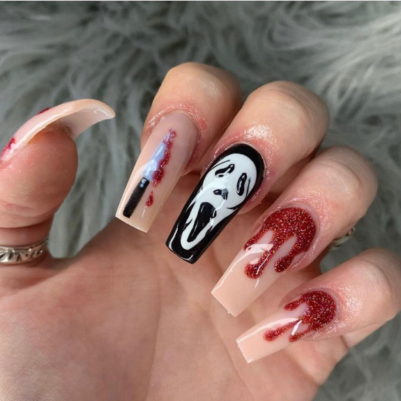 40 Halloween Nails in 2022 — Scream Face + Glitter Red Drip Nails