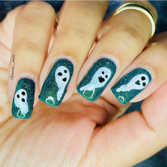 40 Halloween Nails in 2022 — Floating Ghost Green Shimmery Nails