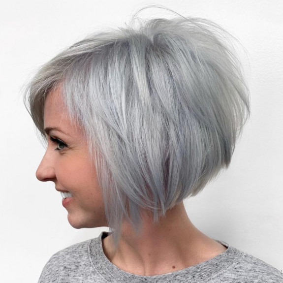 28 Granny Grey Hair Color Ideas — Layered Diamond Silver + Bob Haircut