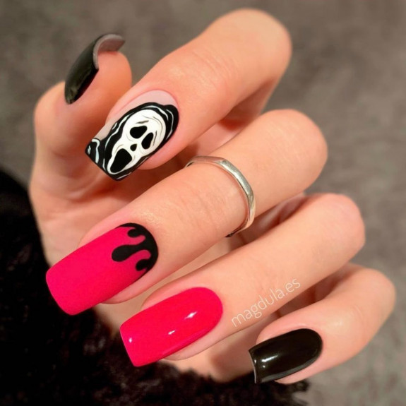 40 Halloween Nails in 2022 — Scream Face + Hot Pink Nails