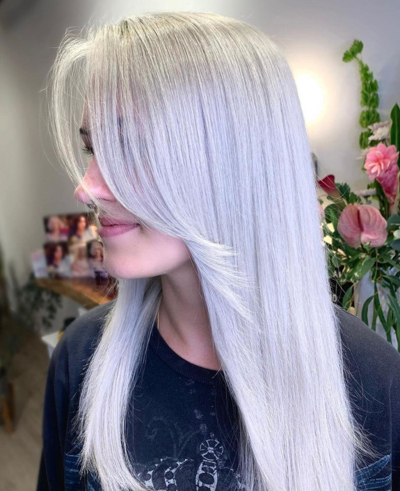 28 Granny Grey Hair Color Ideas — Silver Hair Color + Curtain Bangs