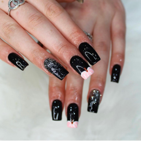 40 Halloween Nails in 2022 — Glitter Black + Pink Pumpkin Tip Nails