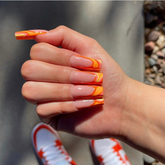 38 French Tip Nails For Summer 2022 — Orange Swirl Acrylic French Tip Nails