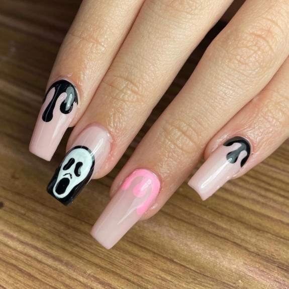 40 Halloween Nails in 2022 — Scream Face, Black and Pink Drip Nails