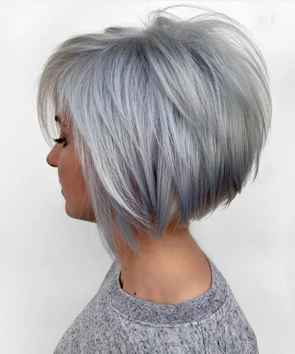 28 Granny Grey Hair Color Ideas — Layered Bob Silver Ice Hair Color