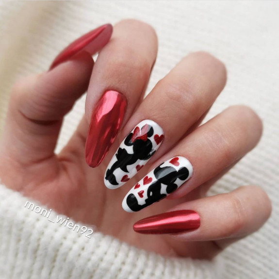 32 Cute Minnie Mouse Nail Ideas — Chrome Red Minnie & Mickey Love Nails